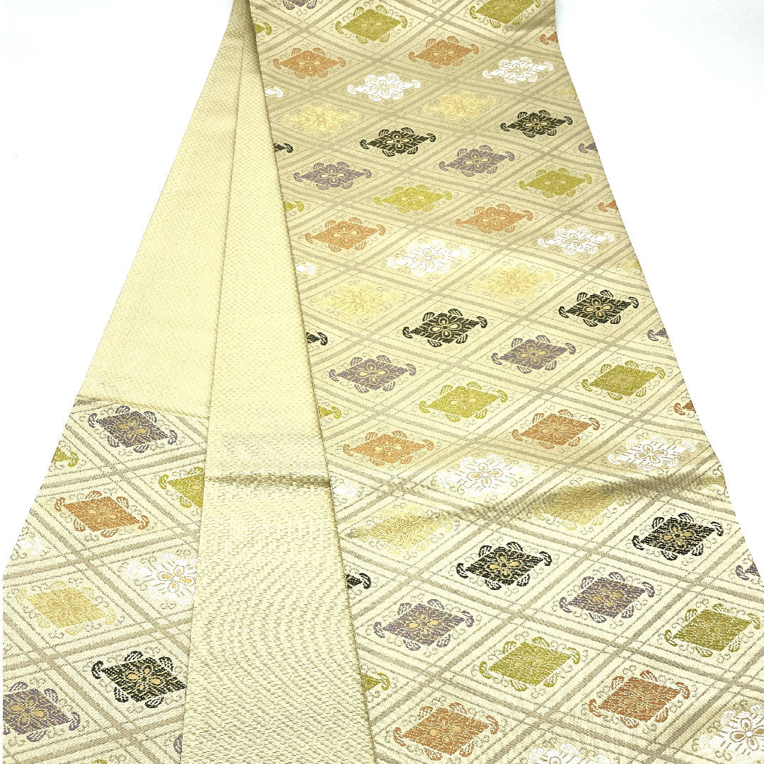 【未仕立】袋帯 正絹 Sランク 砂色(すないろ) 上文錦 正倉院文様 帯丈442cm 六通 セミフォーマル クリーム系 1123004802315