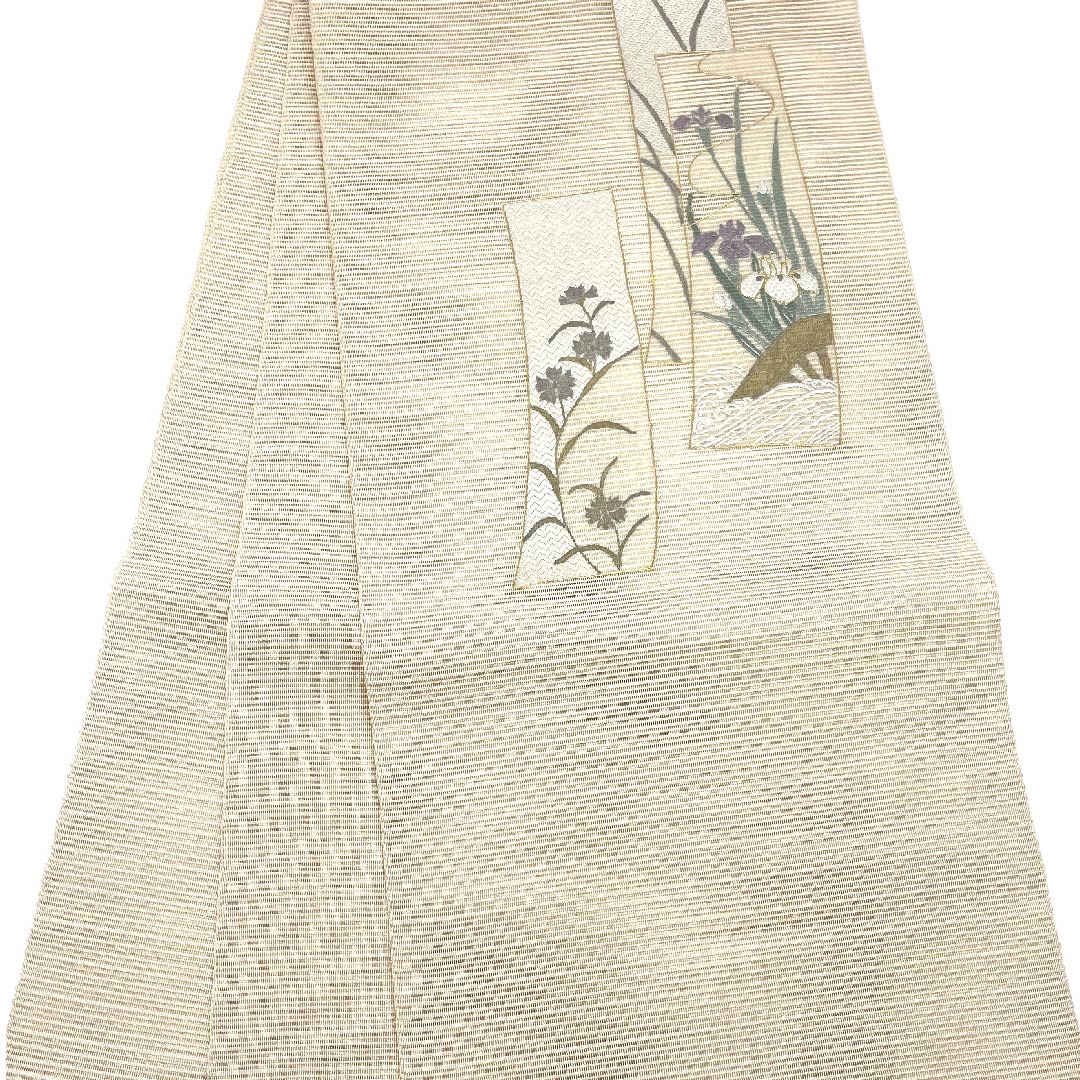 Nagoya obi, natural color, summer obi, silk, iris, cosmos, flowing water, obi length 366cm, pure silk, S rank, point pattern, formal, cream color, 1124004472315, open style