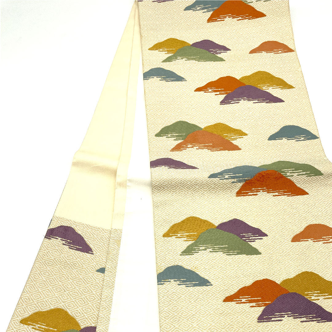 Nagoya obi, Living National Treasure Kitagawa Heiro, Honkaraori, Toyama pattern, obi length 369cm, pure silk, B rank, six-pass, casual, cream color, 1124001314315, open tailoring