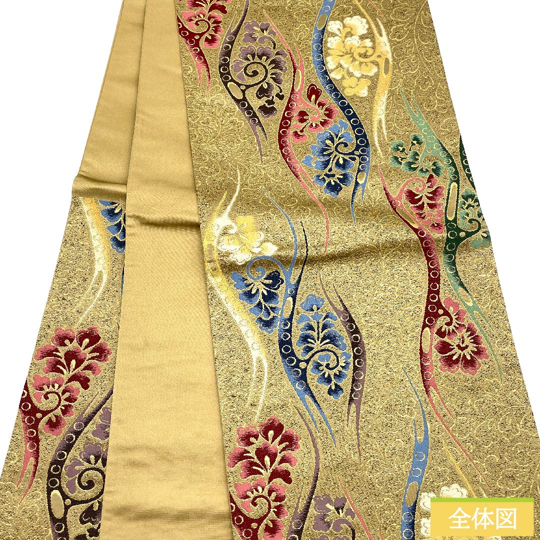 Fukuro Obi, Pure Silk, Karenoiro (Dry Field Color), Shiraayaen Oba, Tachiwaku, Abstract Flower Pattern, Obi Length 430cm, S Rank, Six-way, Semi-formal, Beige, 1123010822325