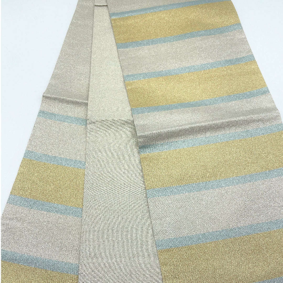 Fukuro Obi (Sash) Silver Color Horizontal Stripes Length 434cm Pure Silk S Rank Six-way Casual Silver 1123005142322