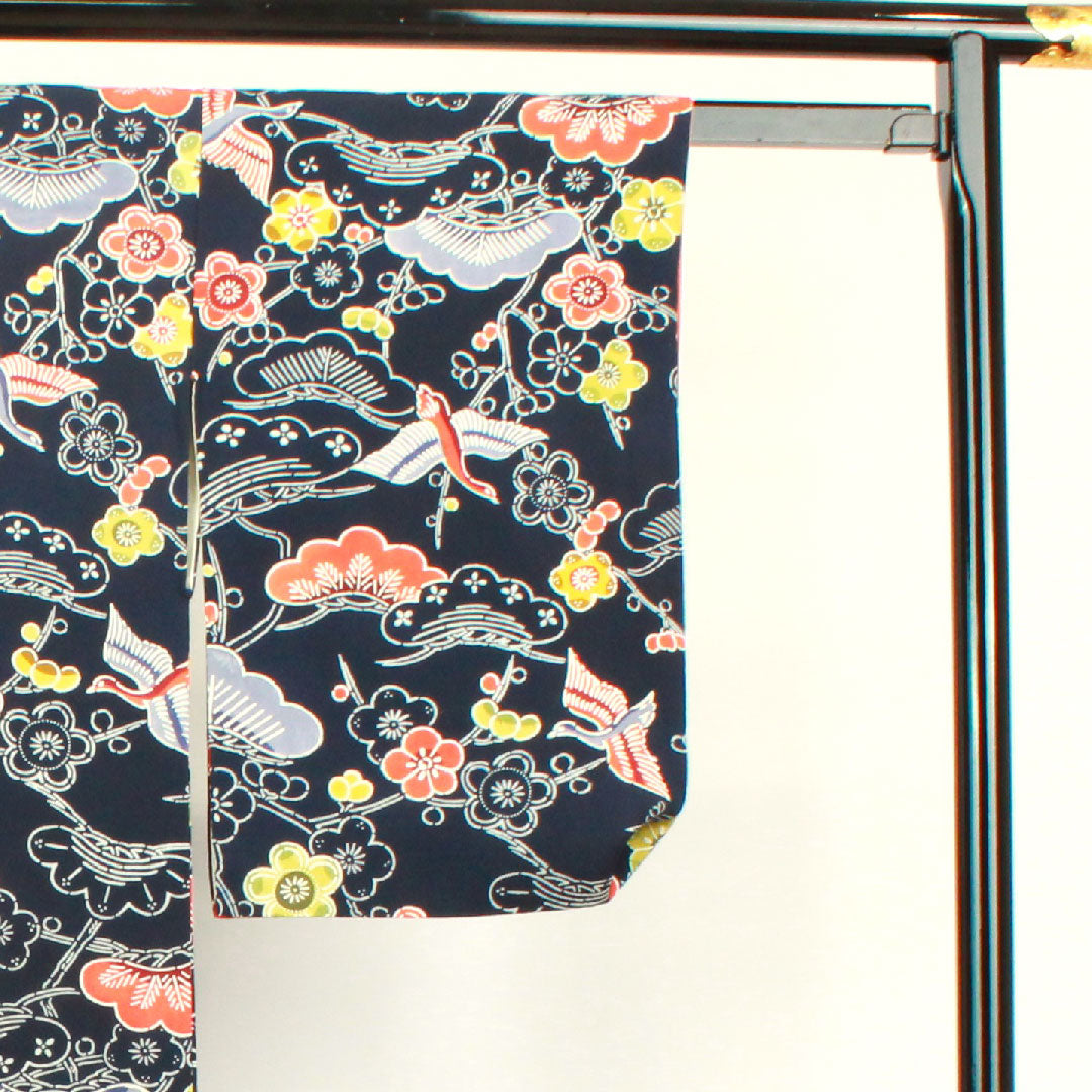 Komon Length 158cm Sleeve length 63.5cm Awase Dark blue Kyo-Bengata Pine Plum Pure silk A rank Navy 1115003433318