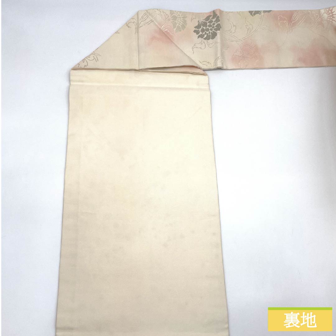 名古屋帯 正絹 Sランク 白練色(しろねりいろ) 洋花 帯丈353cm 六通 セミフォーマル 白系 1124009532311 名古屋仕立て