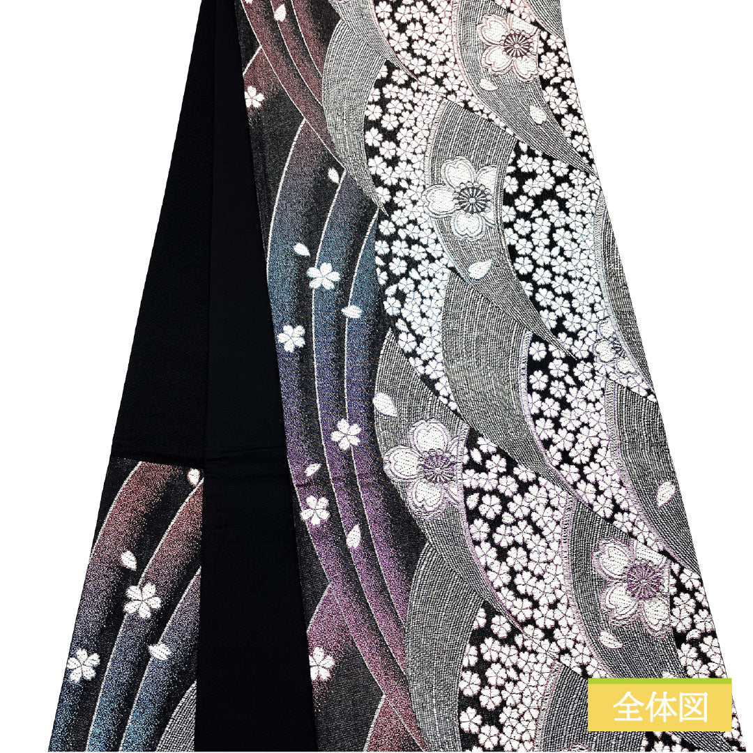 Nishijin-ori Silk Fukuro Obi (Sleeve Belt), S-Rank, Cherry Blossom Design, Formal, Black, 466cm Long, Six-Ply, Suitable for Long-Sleeved Kimono (Furisode). Product Number: 1123016292410