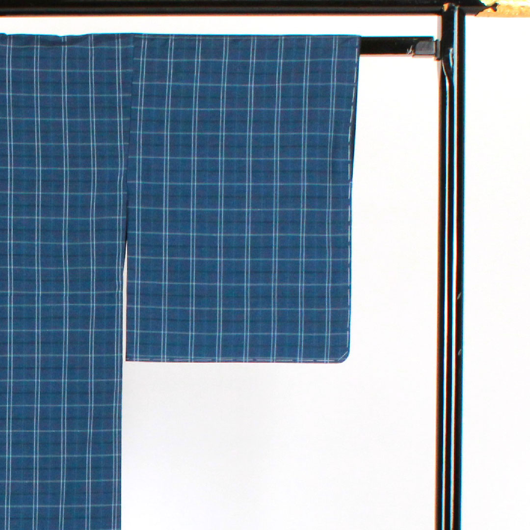 Tsumugi, Length 155cm, Sleeve length 63.5cm, Check pattern, Pure silk, S rank, Lined, Navy blue, 1116001492318