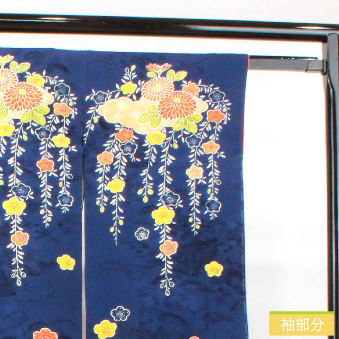Homongi, pure silk, lined, length 168cm, sleeve length 63.5cm, deep bellflower color, Kyoto Yuzen, chrysanthemum, plum, A rank, navy blue, 1112003393518