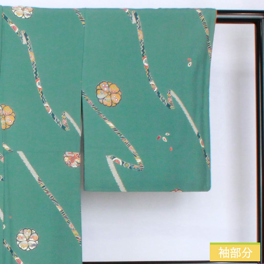 Komon, pure silk, length 152.5cm, sleeve length 64.5cm, lined, Yamaaizuuriiro (Yamaaizuri-iro), stencil dyeing, noshi (Japanese traditional wrapping paper), floral pattern, Scotchgard, B rank, green, 1115005484219