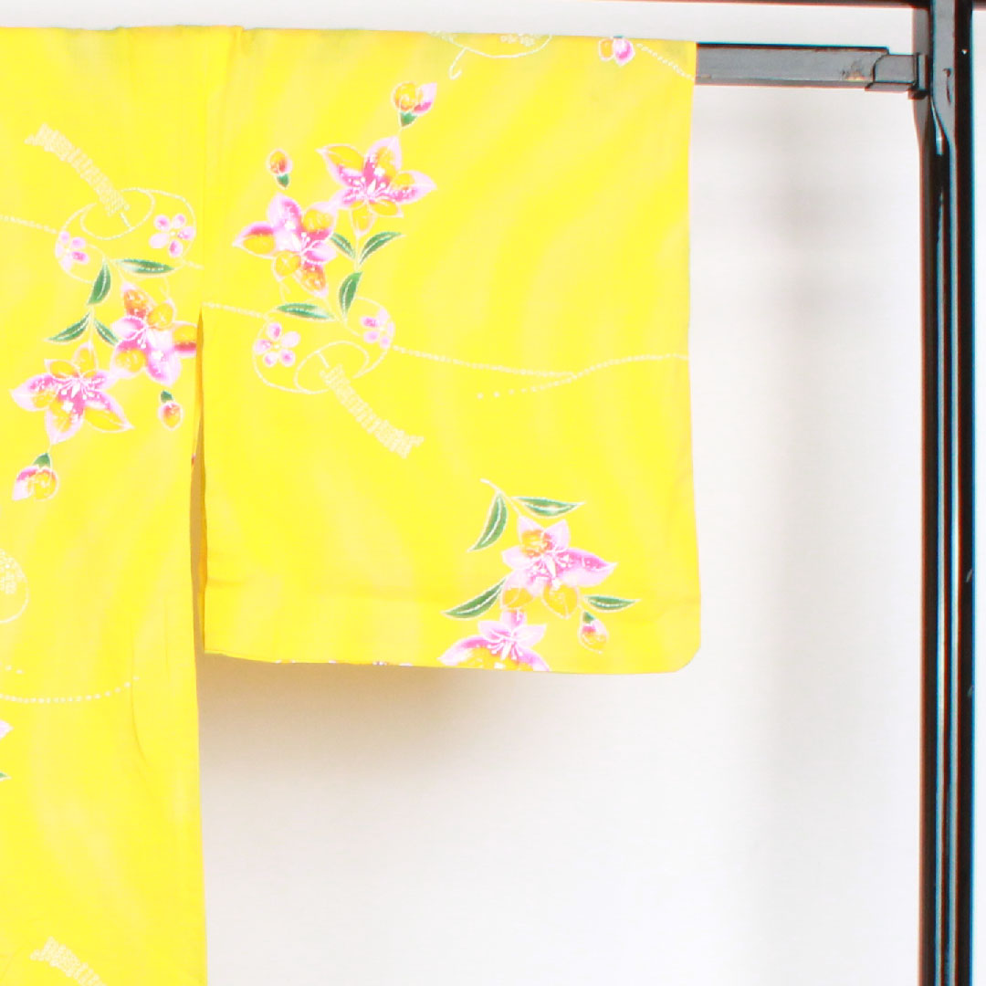 Yukata, Sunflower color, Wind chimes and flower pattern, Cotton, A rank, Single layer, Length 161.5cm, Sleeve length 69cm, Yellow, 1118001033423