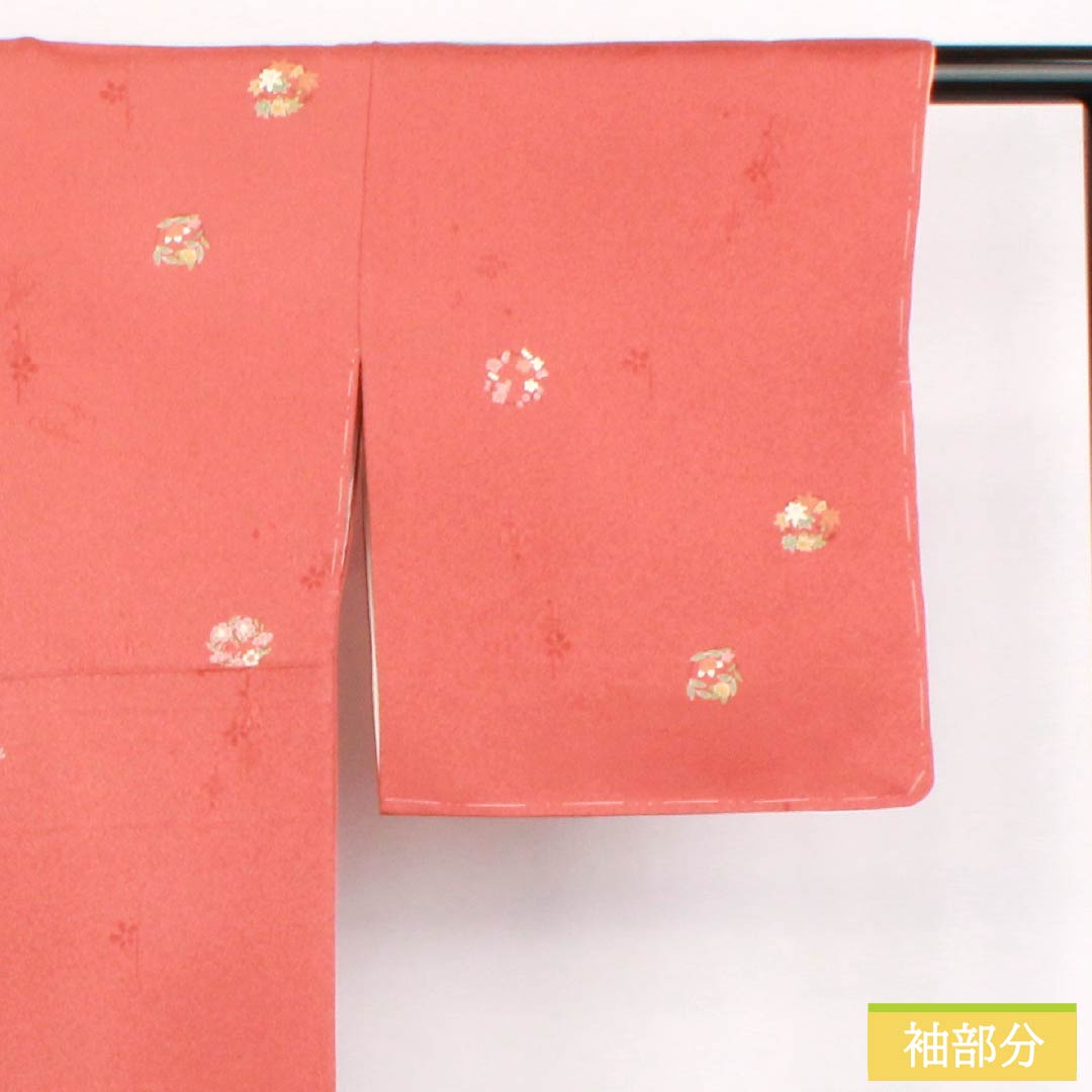 小紋 正絹 身丈163.5cm 裄丈66.5cm 袷 紅唐色(べにとういろ) 型染 花輪 Sランク 朱系 1115006072416