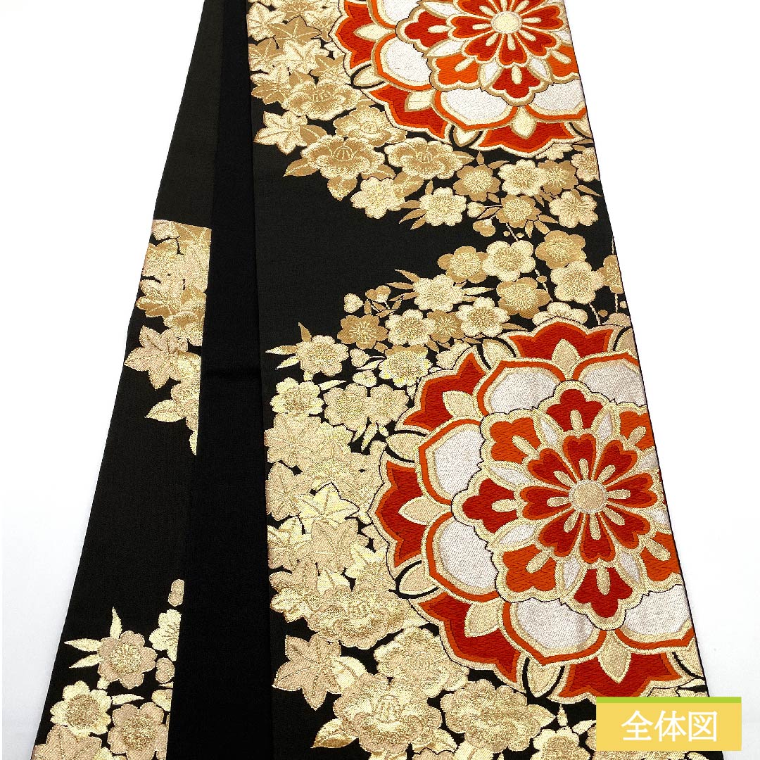Fukuro Obi, Pure Silk, Black, Flower Pattern, Cherry Blossoms, Plum Blossoms, Autumn Leaves, Obi Length 416cm, S Rank, Six-way, Formal, Black, 1123011752310