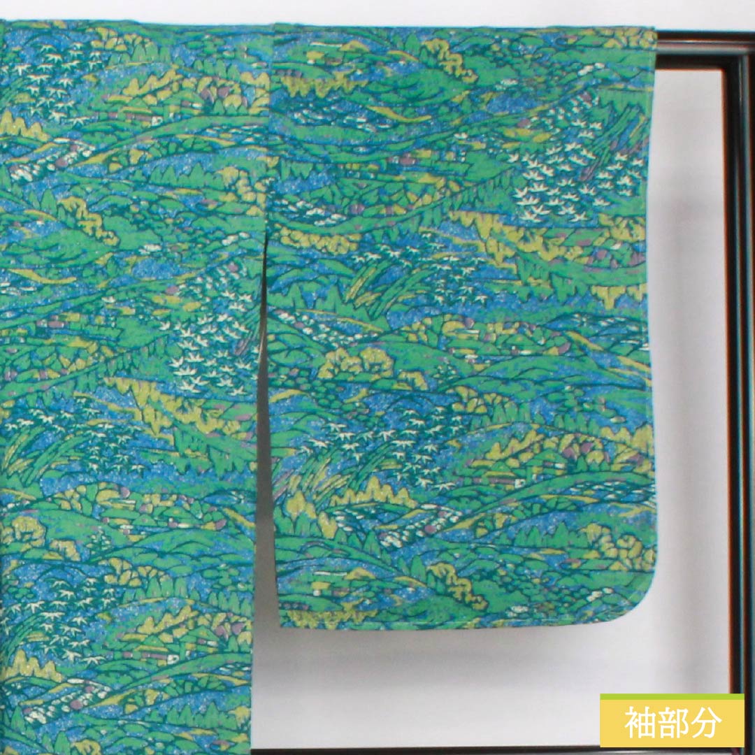 小紋 正絹 身丈164.5cm 裄丈68cm 袷 露草色(つゆくさいろ) 型染 風景絵画調 しあわせガード Sランク 青系 1115005422417