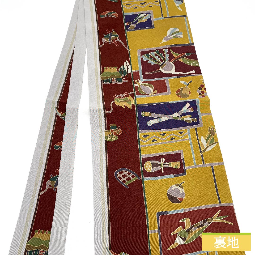 Nagoya obi, pure silk, tin color, vegetable pattern, long, agricultural equipment, obi length 384cm, S rank, full length, casual, gray, 1124006282422, open style