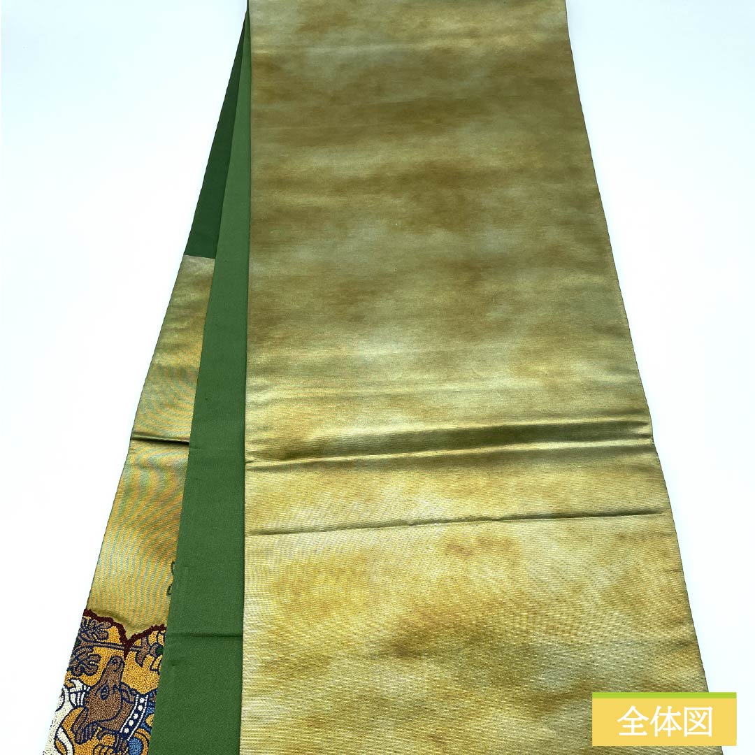 袋帯 正絹 島松鼠色(しままつねずいろ) 相良刺繡 欧風文様 帯丈436cm Sランク ポイント柄 カジュアル 緑系 1123012762319
