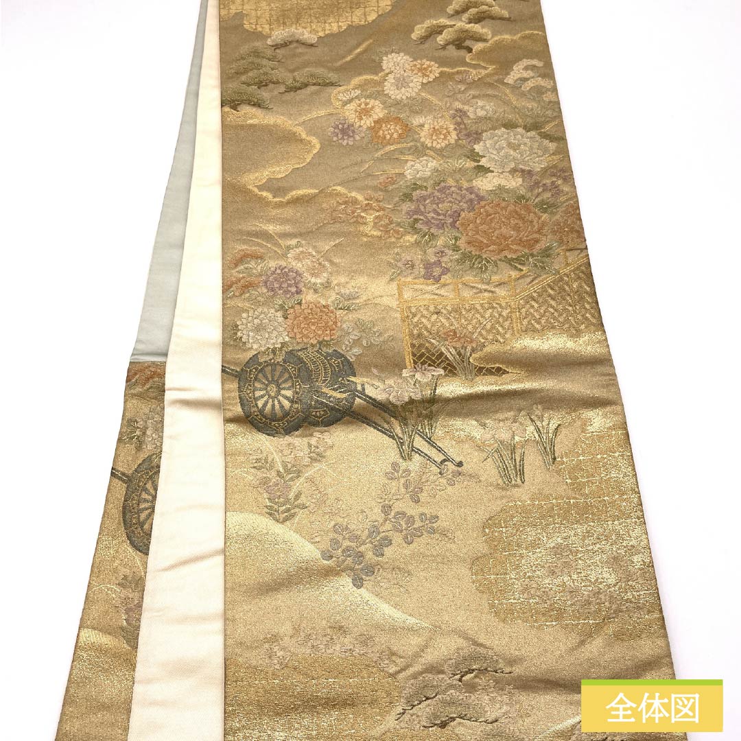 Formal, pure silk obi for formal kimono, featuring a flower cart and peony motif, length 418cm, S rank, six-fold hem, gold finish, product number 1123014612321