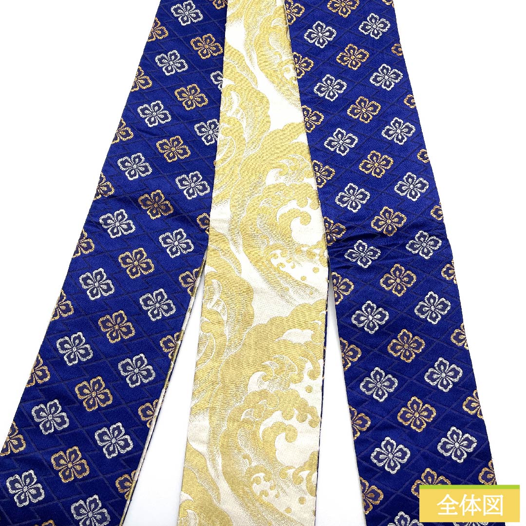 Kaku-obi (sash) made of polyester, lapis lazuli, with waves, pine bark diamonds and flower diamonds, length 348cm, width 11cm, rank S, blue, 1134000302917