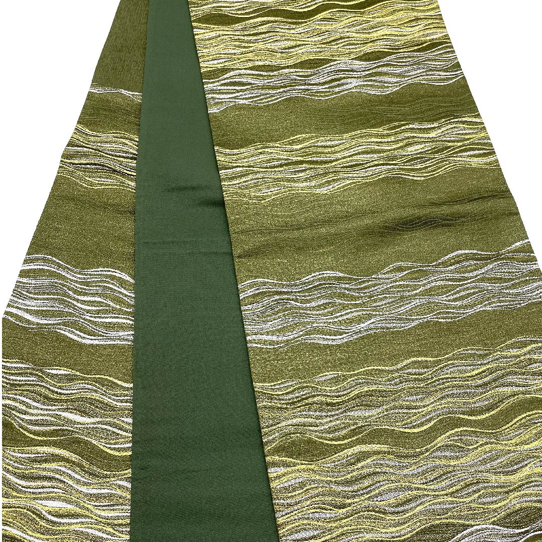 Fukuro Obi (Japanese sash) in pine-nezu color, with horizontal waves, 420cm long, pure silk, S rank, six-pass, semi-formal, green, 1123005822319