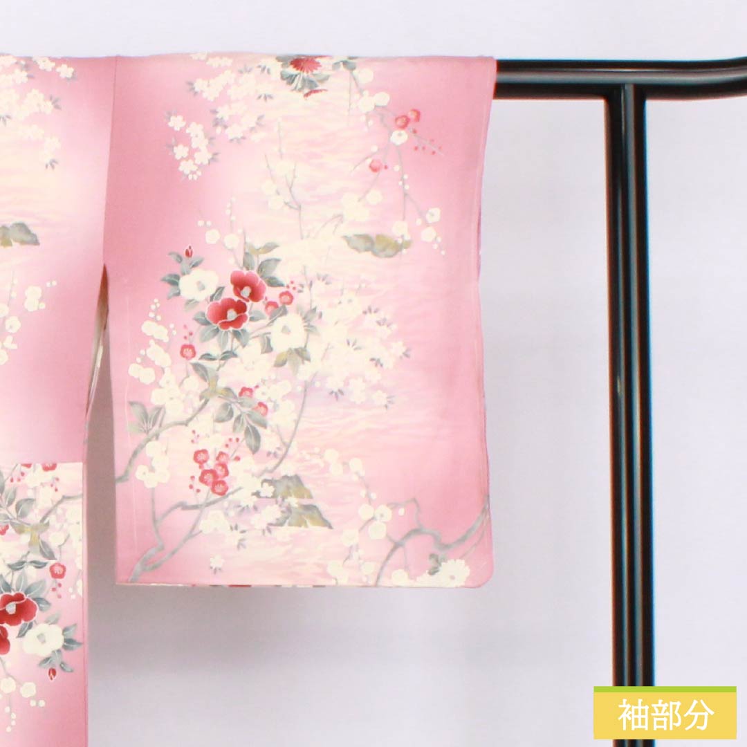 Komon silk S-rank kimono, length 163cm, sleeve length 68cm, lined, one-kin dyed, Kyoto Yuzen pattern, floral motif, pink, with basting thread, product number 1115007132413