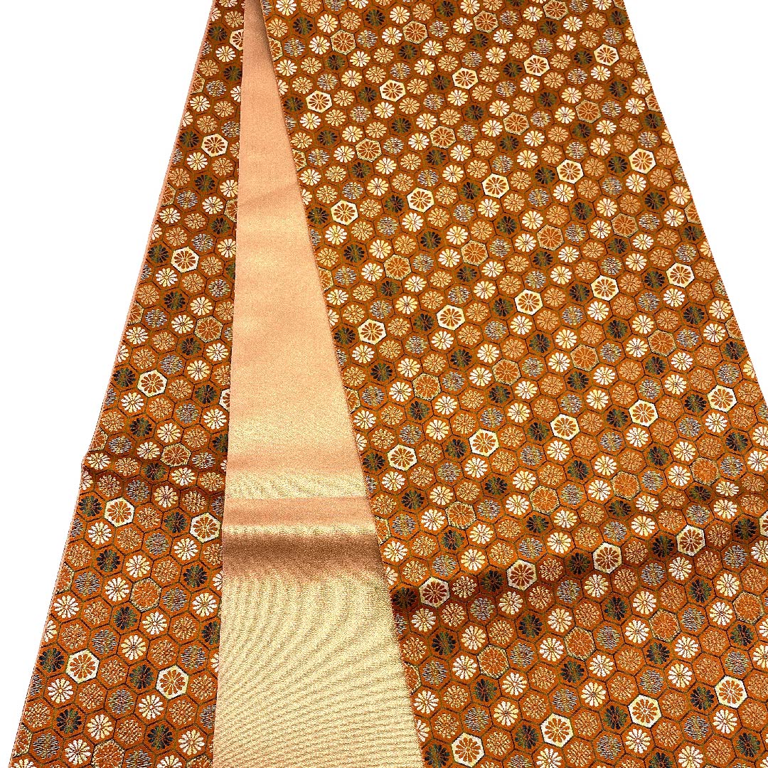 【未仕立】袋帯 正絹 Aランク 赭色(そおいろ) 亀甲 菊 帯丈464cm 全通 セミフォーマル 茶系 1123006573414