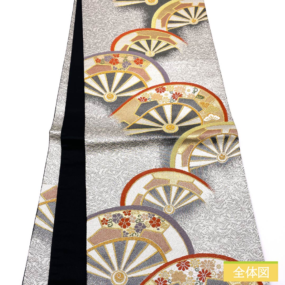 Fukuro Obi, pure silk, for Tomesode and Furisode, wheel pattern, pine, obi length 418cm, S rank, six-way, formal, silver, 1123013632322