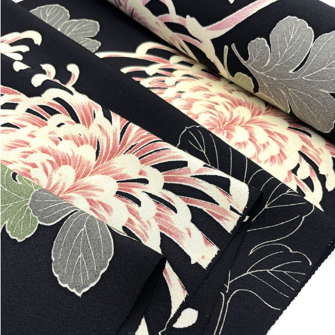 Fabric, Komon, Pure Silk, Black, Tango Chirimen, Chrysanthemum Thread, Floral Pattern, New Rank, Black, 1130001021910
