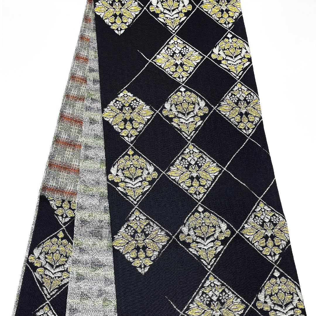 Fukuro Obi Black Diamond Abstract Flower Pattern Obi Length 447cm Pure Silk S Rank Six-way Casual Black 1123009502310