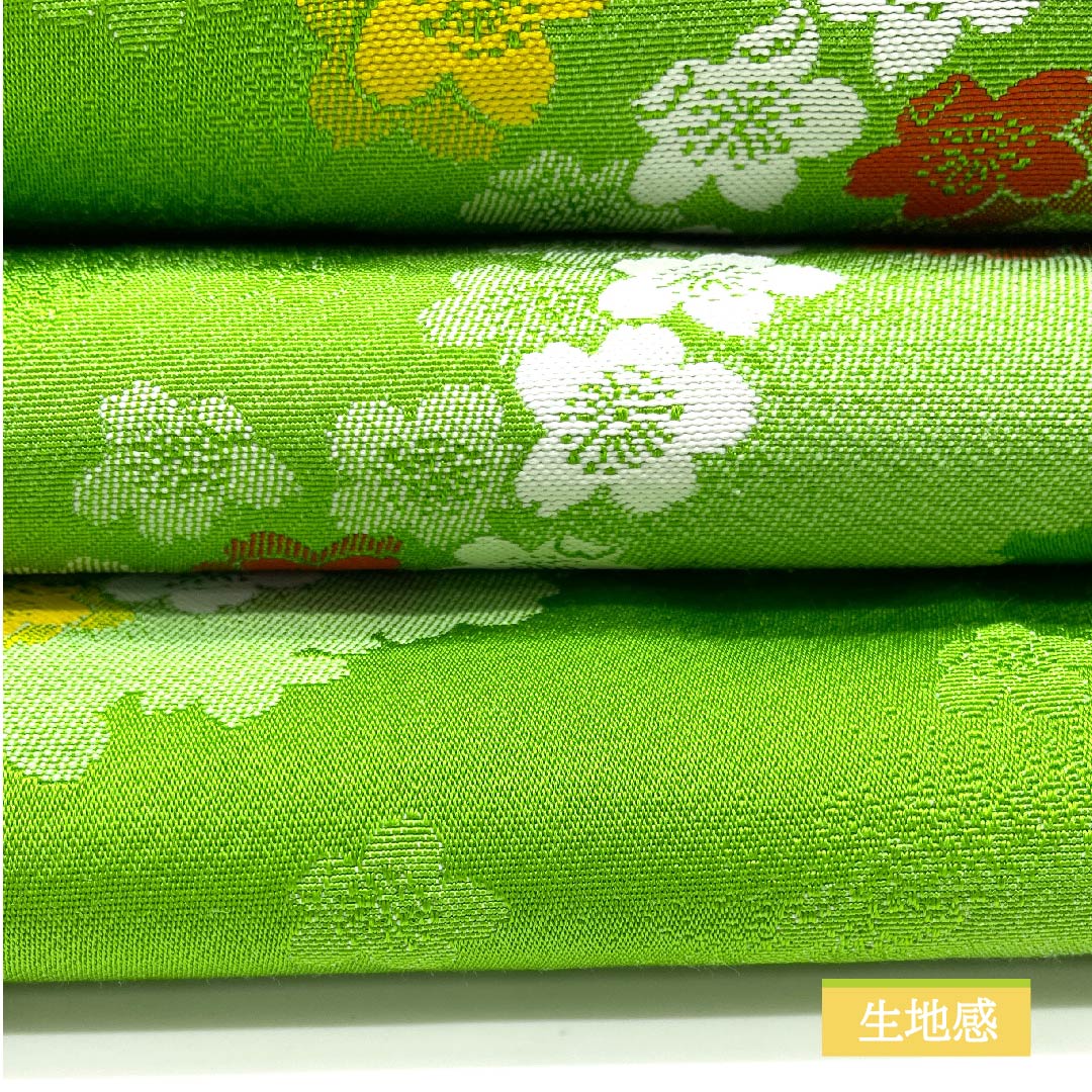 【未仕立】半幅帯 ポリエステル Sランク 萌黄色(もえぎいろ) 花柄 小桜 リバーシブル 古典柄 帯丈342cm 緑系 1125000922319