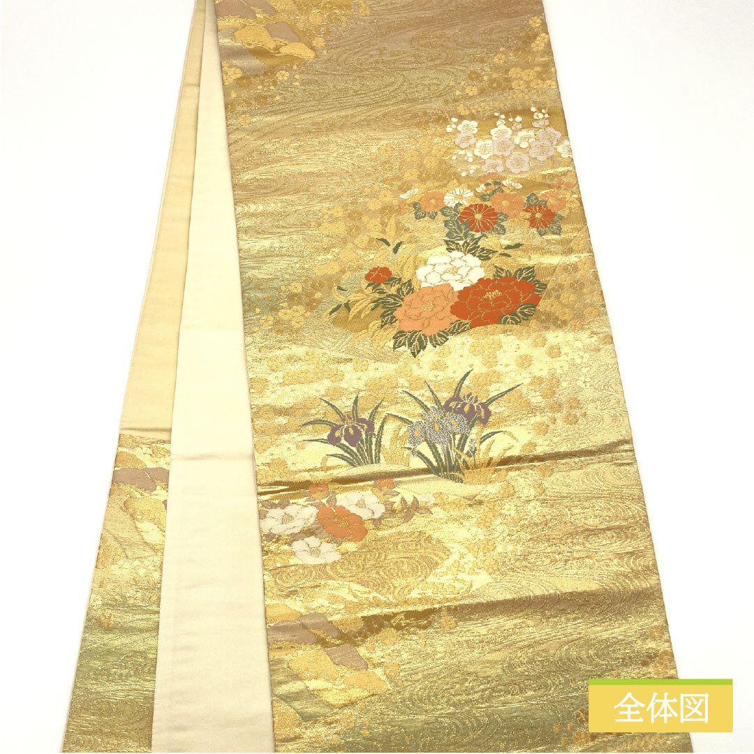 袋帯 正絹 Aランク 西陣織 扇面 花模様 留袖用 帯丈430cm 六通 フォーマル 金系 1123016493321