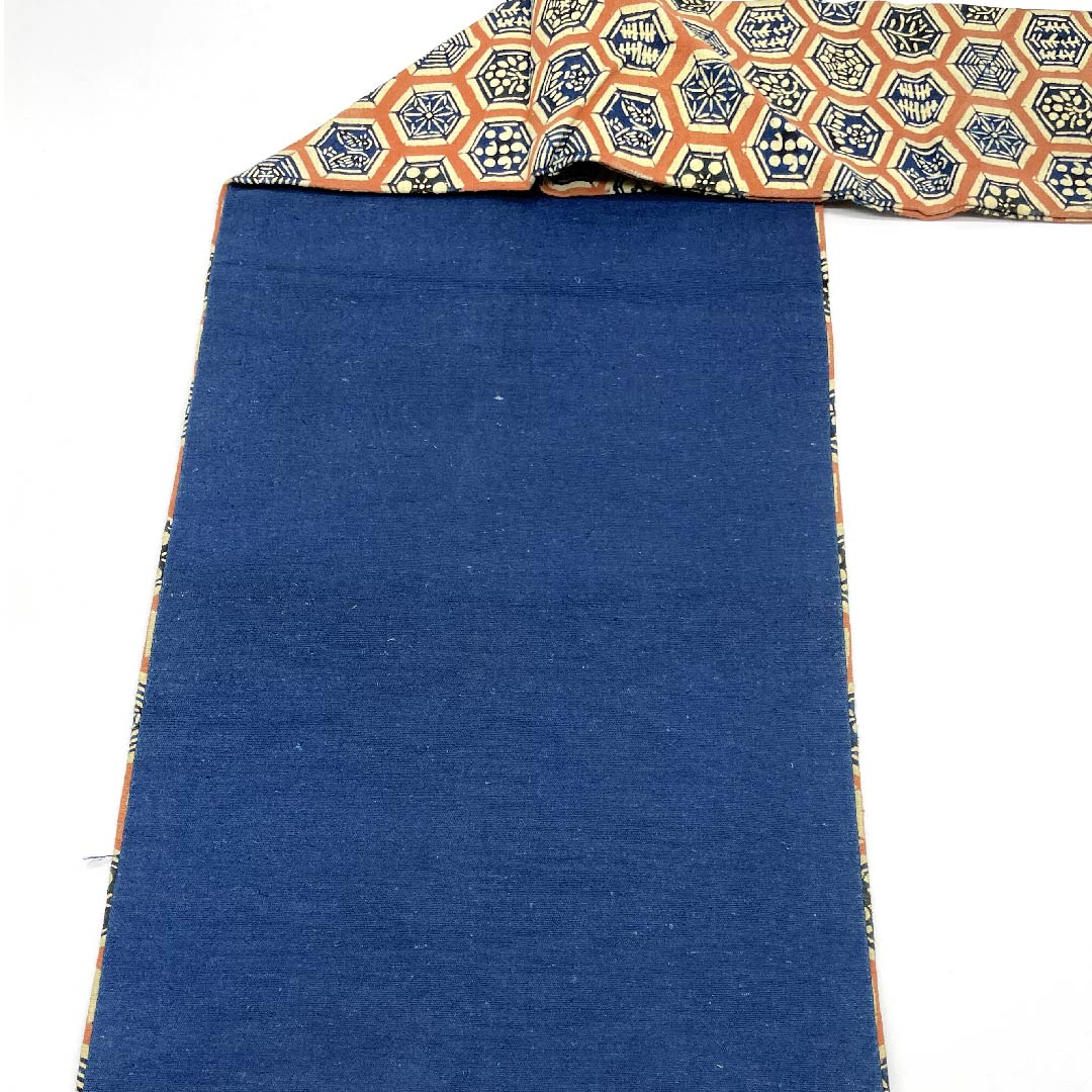 Nagoya obi, faded scarlet, tortoiseshell pattern, by Hirokazu Akiyama, indigo dye, obi length 337cm, cotton, S rank, full length, casual, pink, 1124003572313, Nagoya style