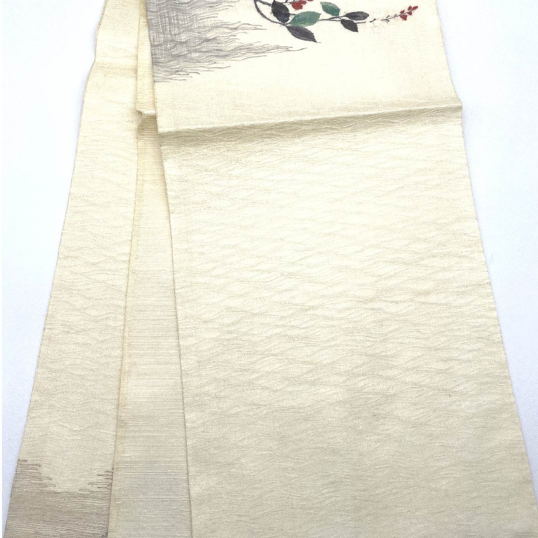 Fukuro Obi (sash) in off-white, summer obi with floral pattern, summer wear, obi length 442cm, pure silk, A rank, point pattern, casual, cream color, 1123007753315