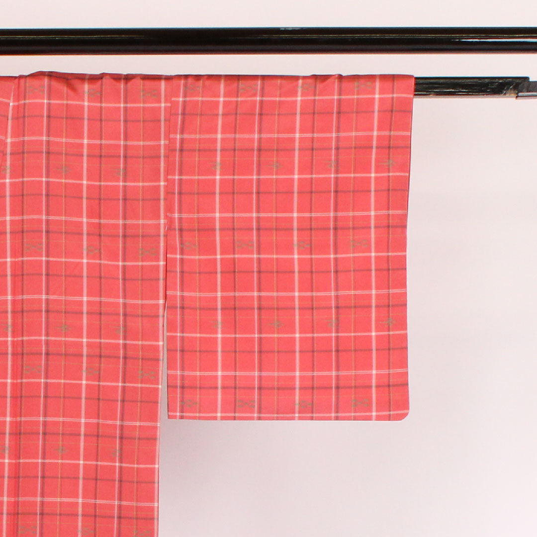 Striped Oshima Tsumugi Length 166cm Sleeve length 64.5cm Kasuri pattern Pure silk A rank A-lined Pink 1116000373413