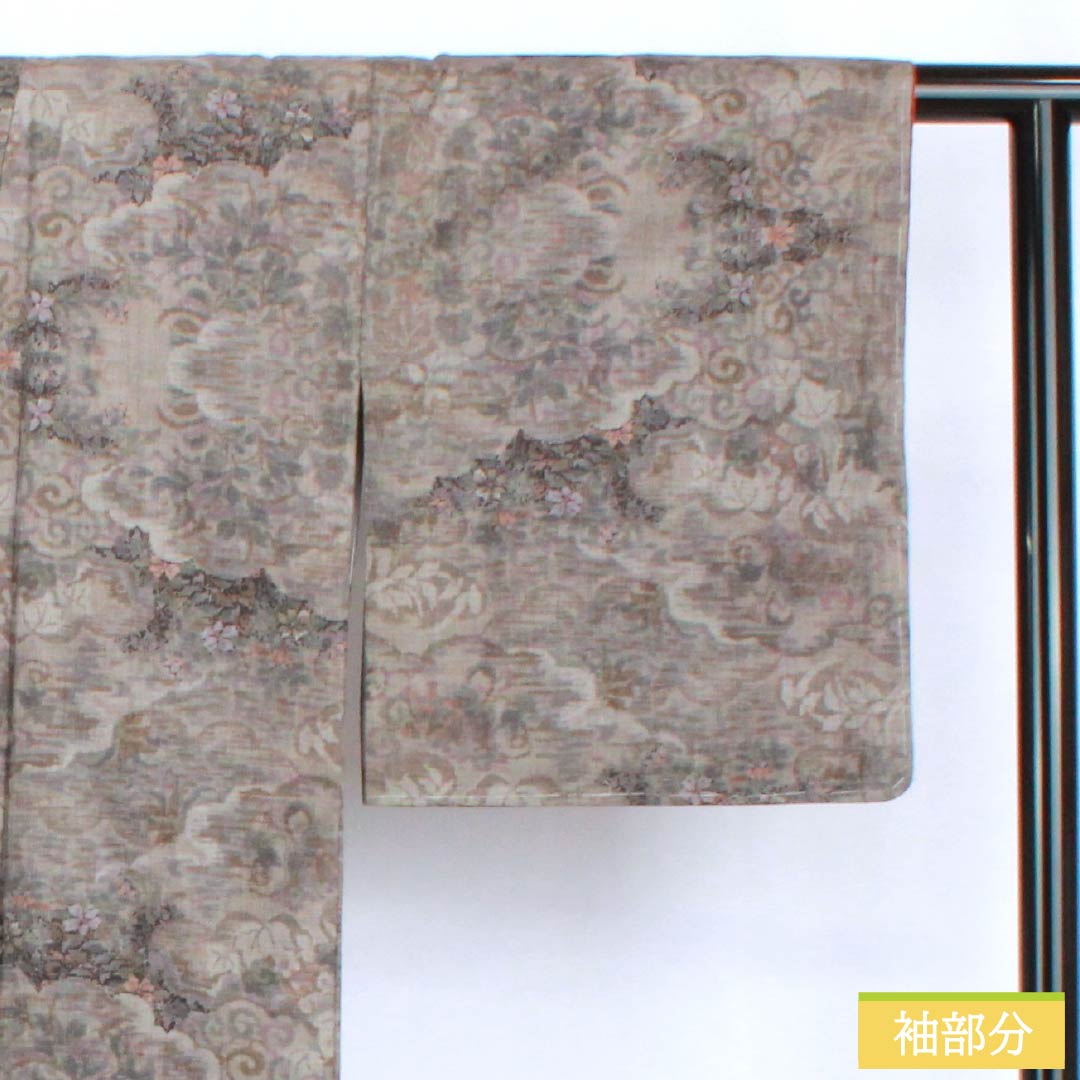 Tsumugi Silk S rank Length 159cm Sleeve-to-shoulder 60.5cm Brownish-gray Murayama Oshima Cloud pattern and floral design Lined Gray system 1116004832322
