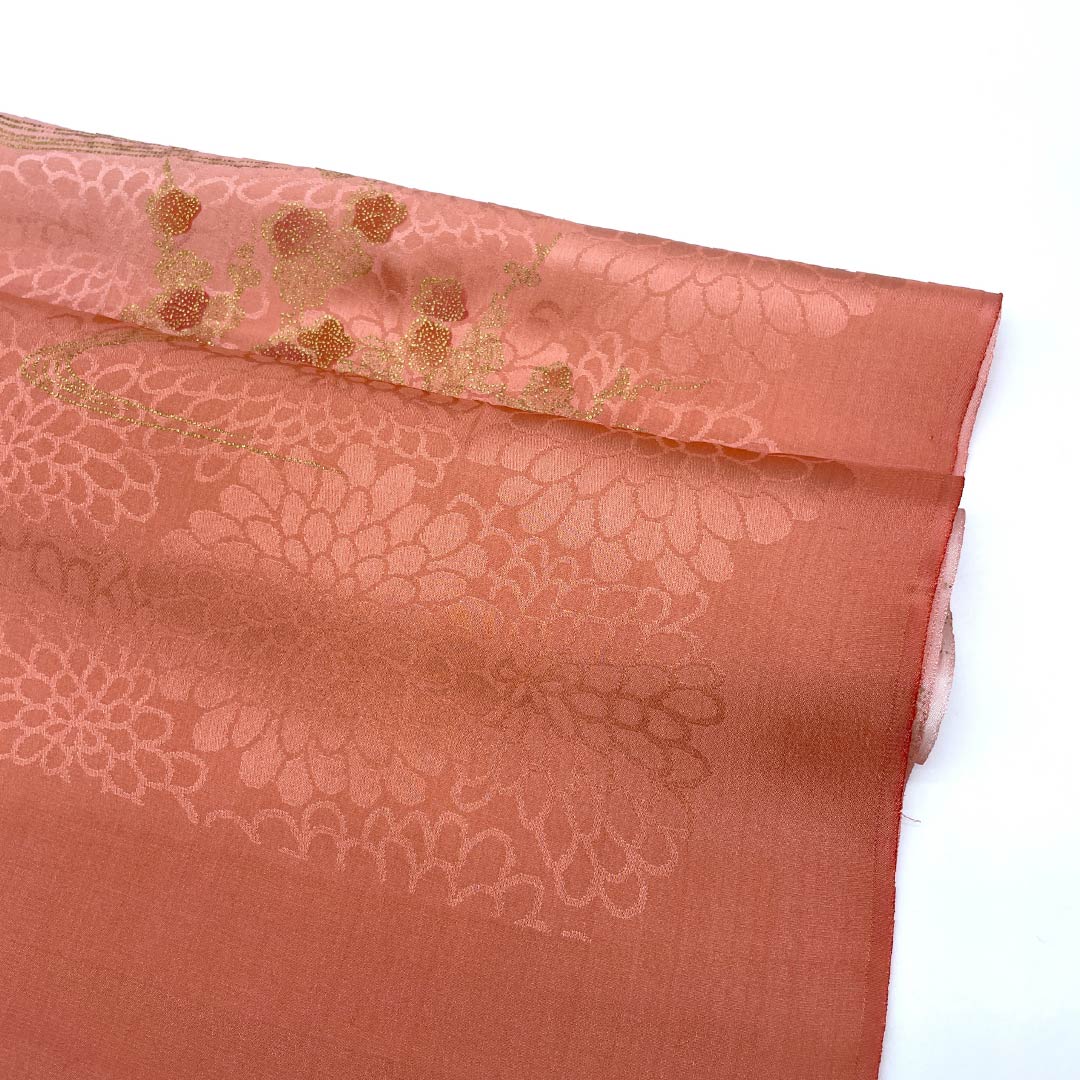 Semi-formal silk obiage (sash), S rank, coral and dawn colors, featuring chrysanthemums, approximately 171cm long and 30cm wide, pink. Product number: 1136002352913