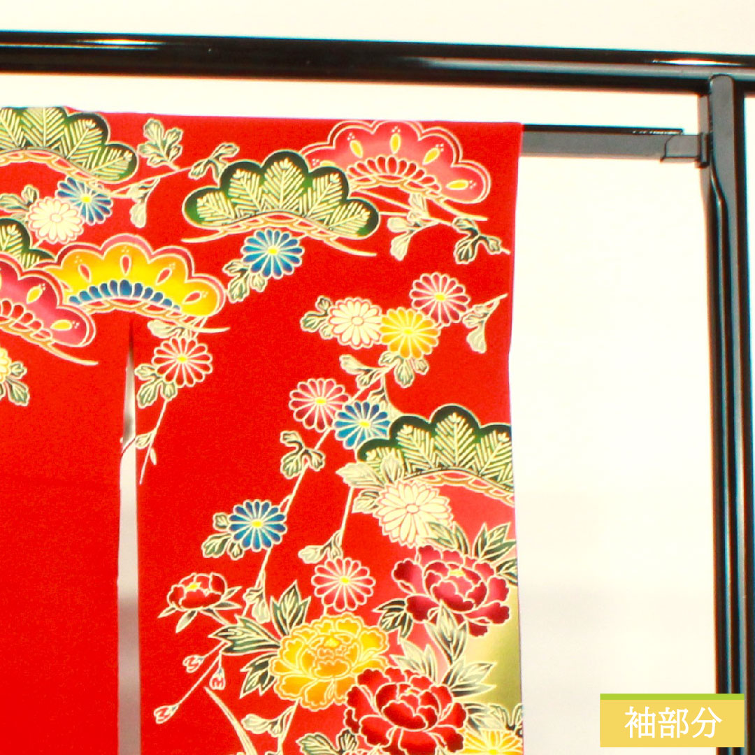 Furisode, pure silk, length 163cm, sleeve length 66.5cm, lined, scarlet, Kyoto Bingata, auspicious motif, S rank, red, 1113001852412