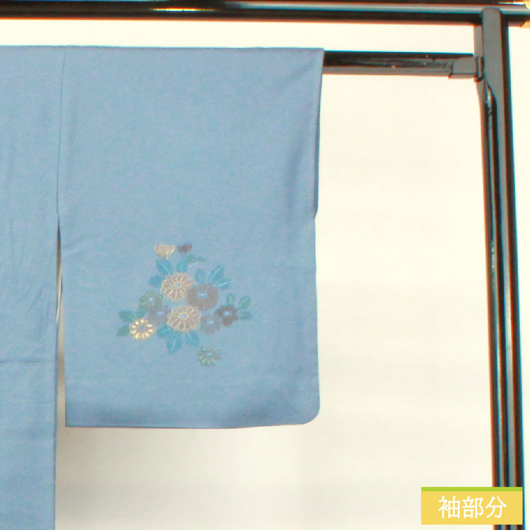 訪問着 正絹 袷 身丈158cm 裄丈63cm 薄花色(うすはないろ) 刺繍 草花模様 Aランク 青系 1112004693317