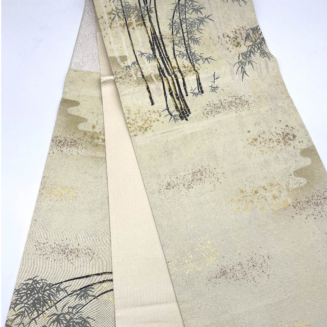 Ivory-colored Fukuro Obi (Bag) with pearl leaf and bamboo forest, Asayama Textile, Length 432cm, Pure silk, A-rank, Pointed pattern, Formal, Cream-colored, 1123006123315