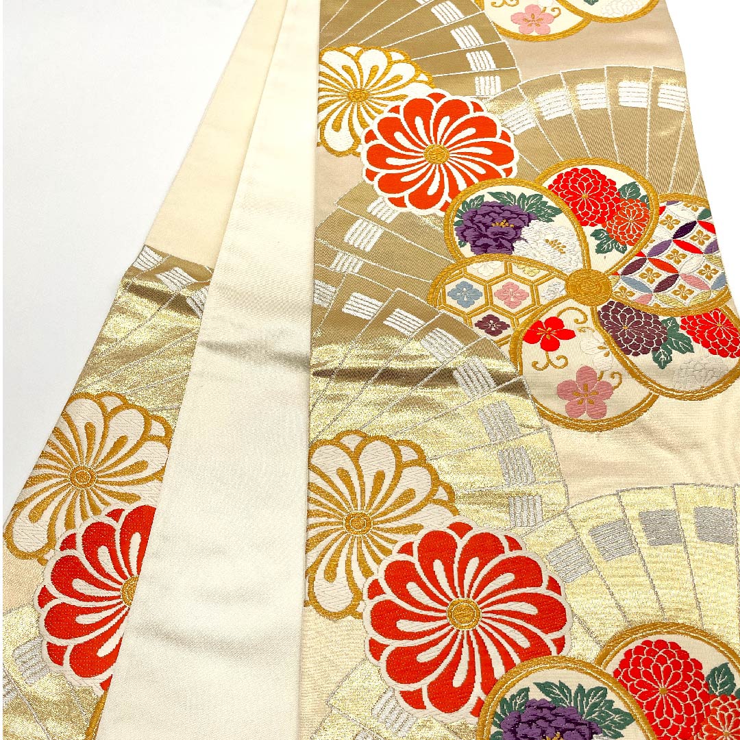 袋帯 生成り色(きなりいろ) 古典梅 吉祥文様 扇面 帯丈442cm 正絹 Sランク 六通 フォーマル クリーム系 1123002762315