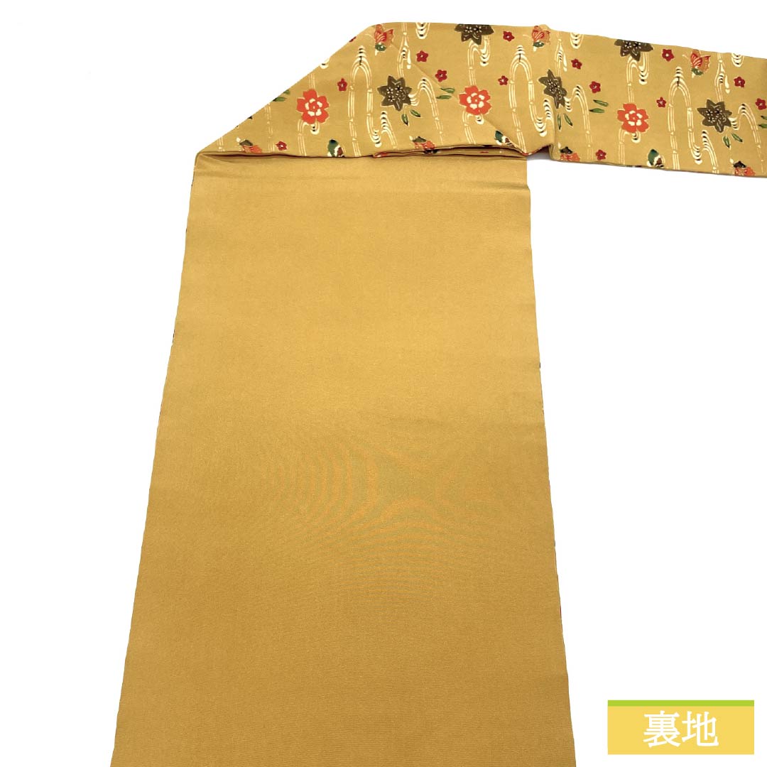 名古屋帯 土布色(トウプースーいろ) 京紅型 蝶 紅葉 帯丈352cm 正絹 Aランク 六通 カジュアル 黄系 1124006563323 名古屋仕立て
