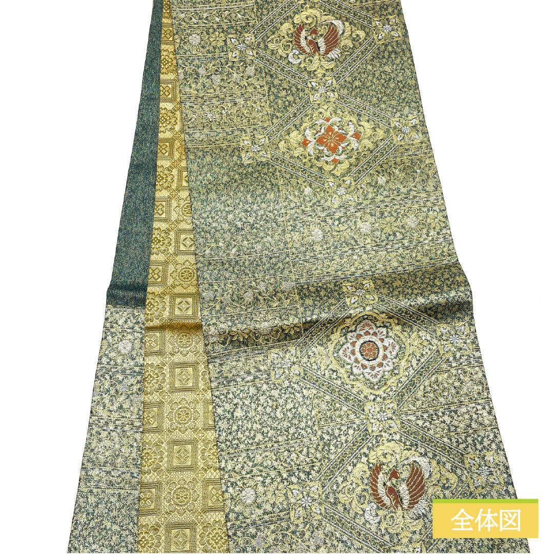 Reversible Nishijin-ori obi, pure silk, grade A, featuring the Shosoin floral pattern, length 438cm, six-pass, formal, green, product number 1123016483319