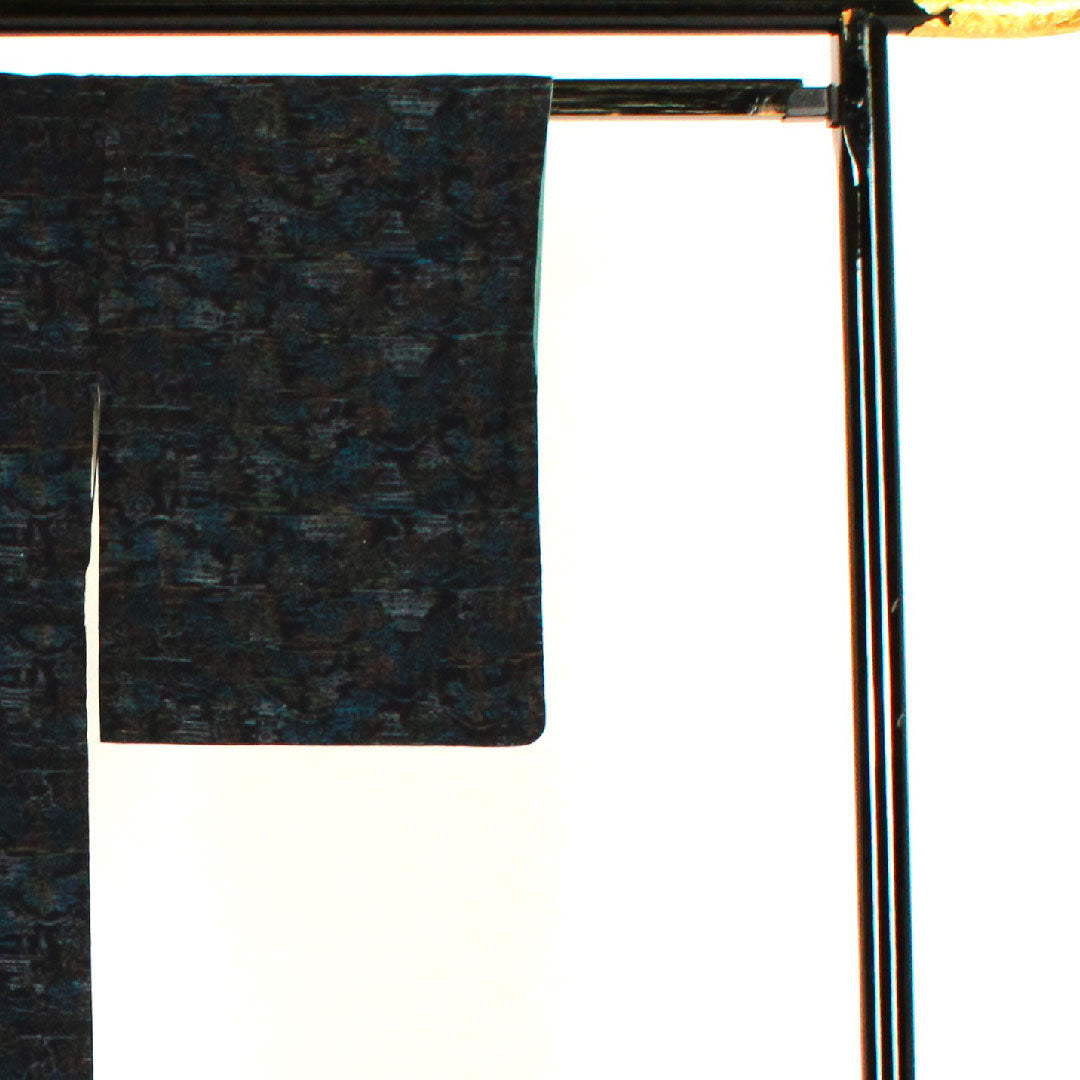 Tsumugi, Length 158cm, Sleeve length 62.5cm, Landscape pattern, Pure silk, S rank, Lined, Navy blue, 1116001292318