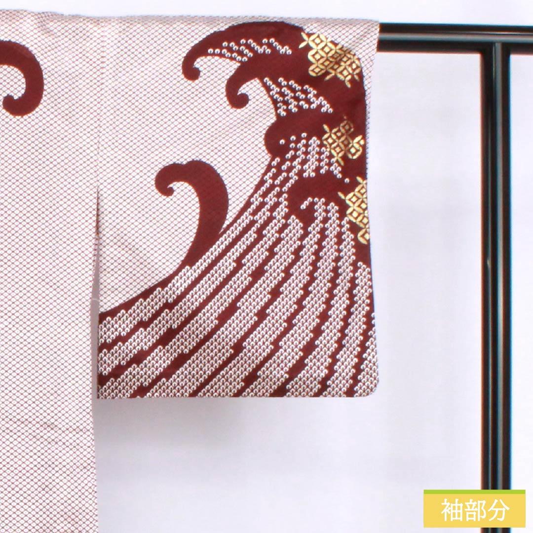 Homongi (visiting kimono), polyester, grade A, single layer, length 162cm, sleeve length 66.5cm, mokuranjiki (mokuran-jiki) pattern with wave design, shippo (cloisonne) pattern, with half-collar, washable, red, product number 1112006963412
