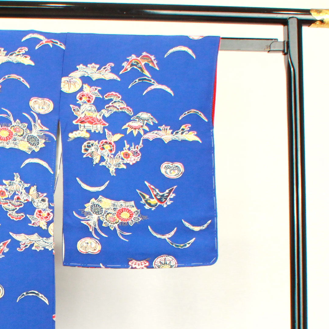 小紋 身丈170cm 裄丈67cm 袷 しつけ糸付き 未使用品 桔梗色 型染 吉祥文様 正絹 Sランク 紺系 1115003372618