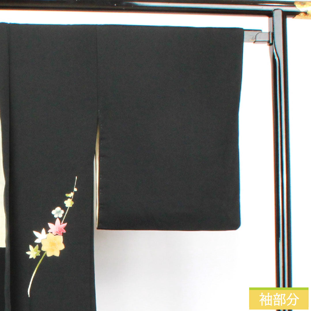 Haori, pure silk, length 78cm, sleeve length 64cm, black haori, Kyo-Yuzen, plum, autumn leaves, A rank, lined, black, 1117000793910
