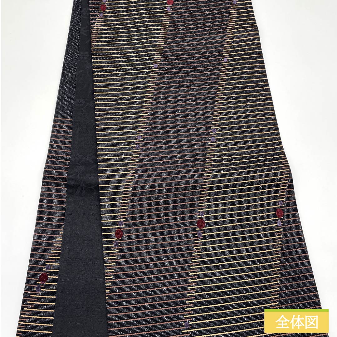 Fukuro Obi, Pure Silk, Black, Horizontal Stripes, Dots, Real Gold and Silver Leaf, Length 438cm, S Rank, Six-way, Semi-formal, Black, 1123012142310