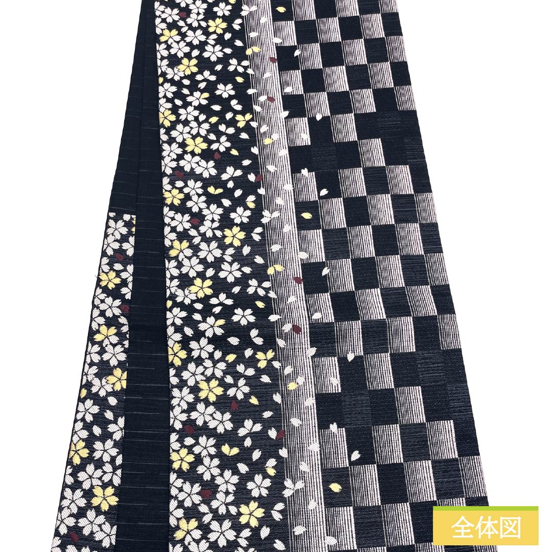 Pure silk obi with cherry blossom and checkered pattern, length 436cm, S rank, six-fold obi, semi-formal, black, 1123014452310