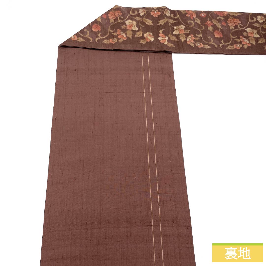名古屋帯 正絹 Sランク 紅檜皮色(べにひわだいろ) 更紗文様 紬地 帯丈362cm 六通 カジュアル 茶系 1124009342314 名古屋仕立て