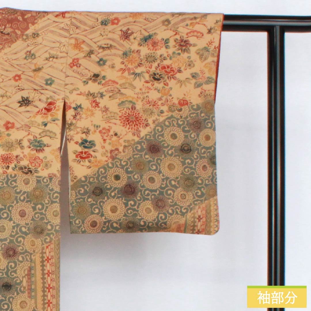 訪問着 正絹 Sランク 袷 身丈157cm 裄丈62.5cm 淡朽葉色(うすくちばいろ) 作家物 京紅型 吉祥文様 松竹梅 菊 橙系 1112007382326