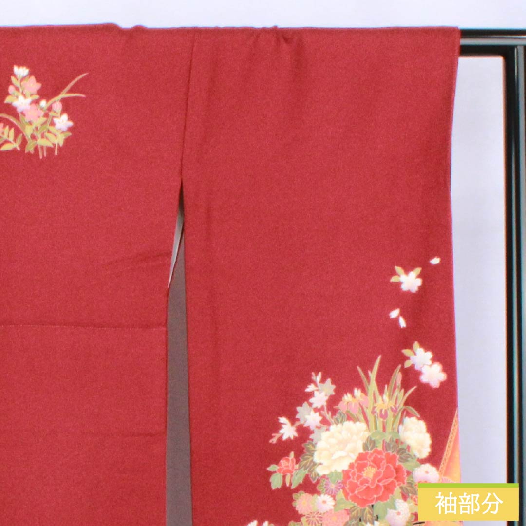 Furisode Pure Silk S Rank Length 163cm Sleeve length 67.5cm Lined Deep Red Kyo-Yuzen Flower Cart Red 1113002892412