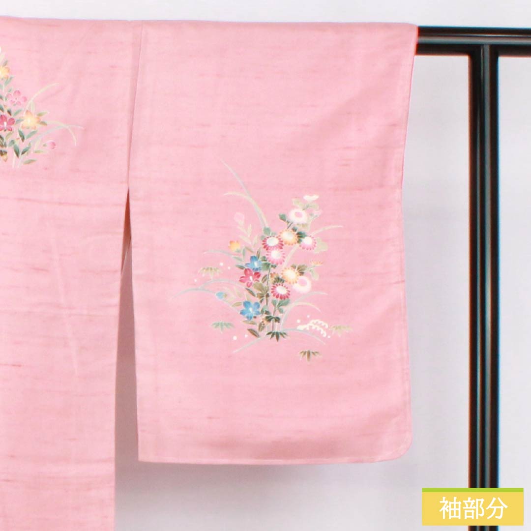 Visiting Kimono, Pure Silk, Rank B, Lined, Length 167cm, Sleeve Length 66cm, Fake Peach Color (Fake Momoiro), Ushiku Tsumugi Silk, Kyoto Kaga Yuzen, Tsukesage, Artist's Work, Floral Design, Pink, Product Number: 1112007544513