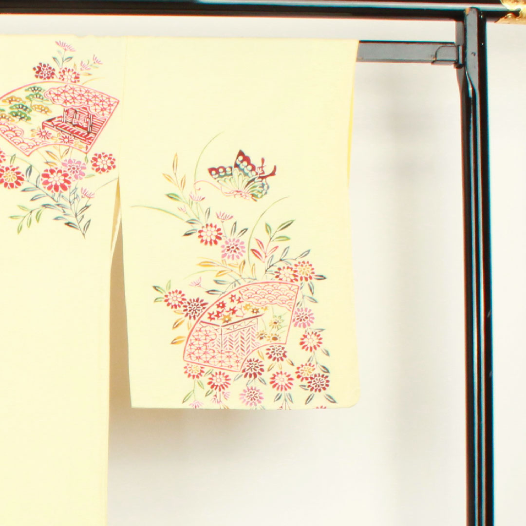 Homongi, lined, length 159cm, sleeve length 62.5cm, Torinoko color, Kyoto Bingata, floral pattern, pure silk, A rank, cream color, 1112001943315