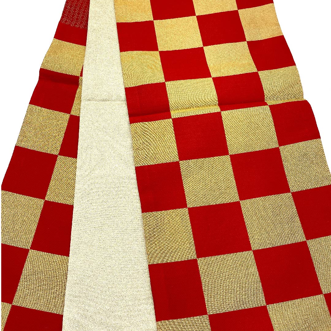 Gold-colored Fukuro Obi for Furisode, Checkered, Length 436cm, Pure Silk, S-Rank, Six-way, Formal, Gold-based, 1123006242321